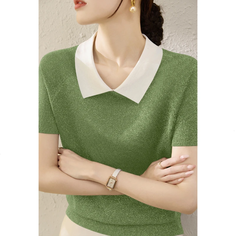 早秋季2025年拼色套头POLO领针织衫女宽松显瘦休闲风短袖T恤上衣