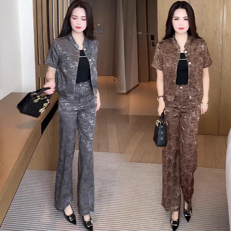 时尚休闲套装女2025夏季新款洋气显瘦小香风短袖外套阔腿裤两件套