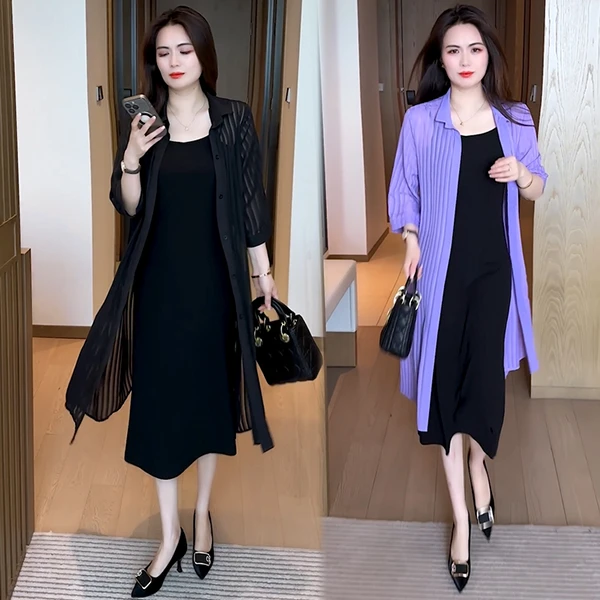 上衣中长款防晒衬衫显瘦时尚套装裙子长袖时尚大码洋气女装259