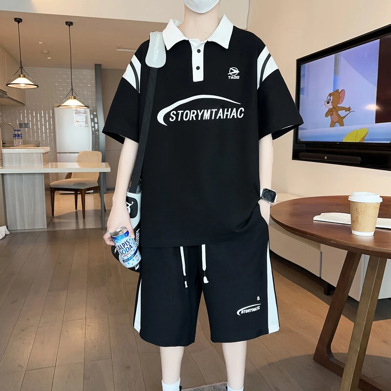 夏季青少年初高中学生男大童翻领短袖T恤POLO衫美式半袖休闲套装