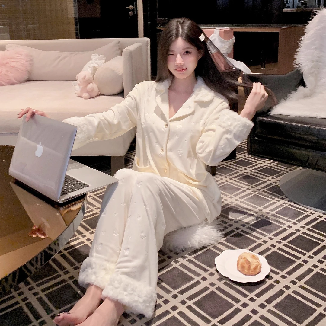 海岛绒睡衣女2025新款双面绒蝴蝶压花洋气秋冬加绒加厚保暖家居服