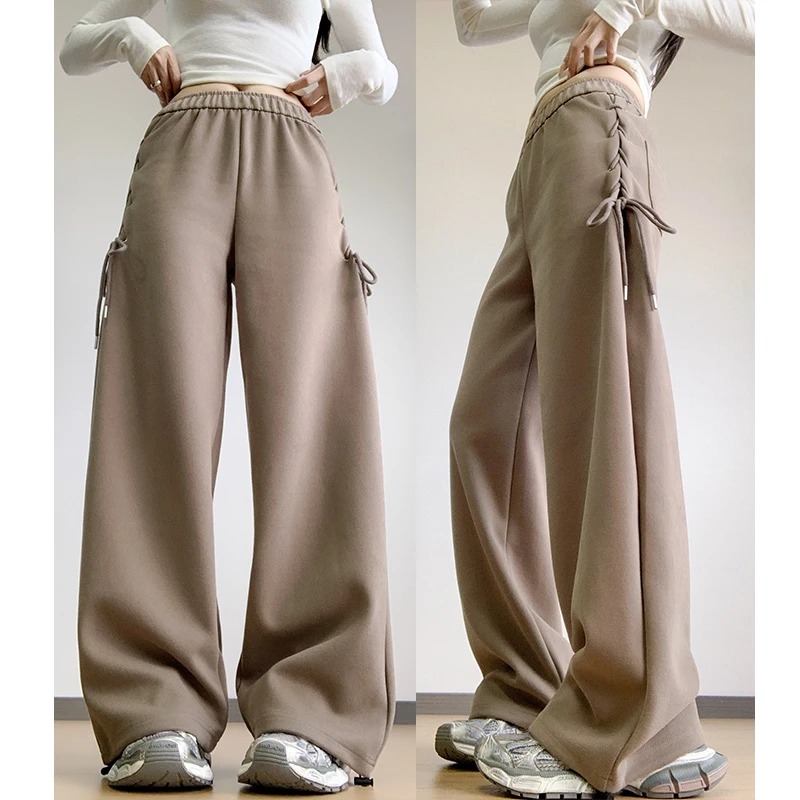 美式侧边绑带运动裤女秋冬阔腿裤设计感高腰宽松休闲束脚两穿卫裤