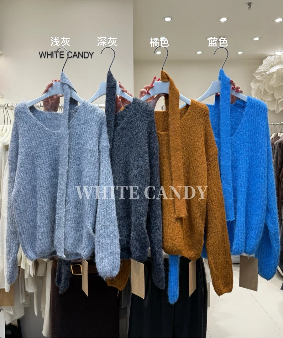 赫拉极简慵懒舒适飘带显瘦毛衣 M8325
