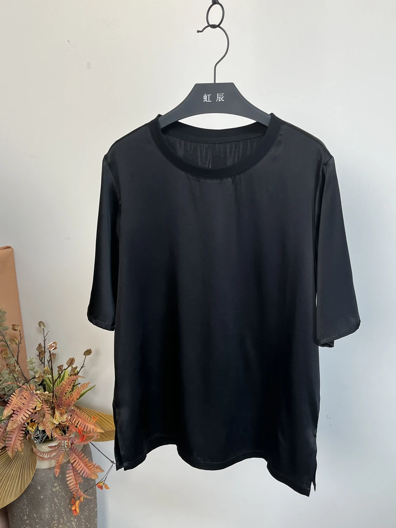 19姆米弹力素绉锻大码圆领真丝弹力T恤休闲上衣