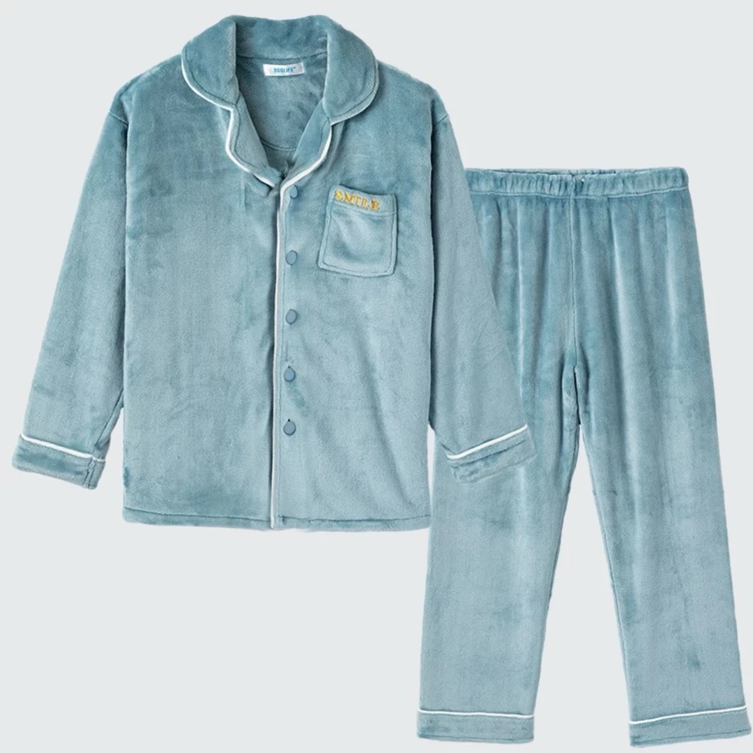 4979男士秋冬舒适保暖纯色牛奶绒单口袋家居服套装