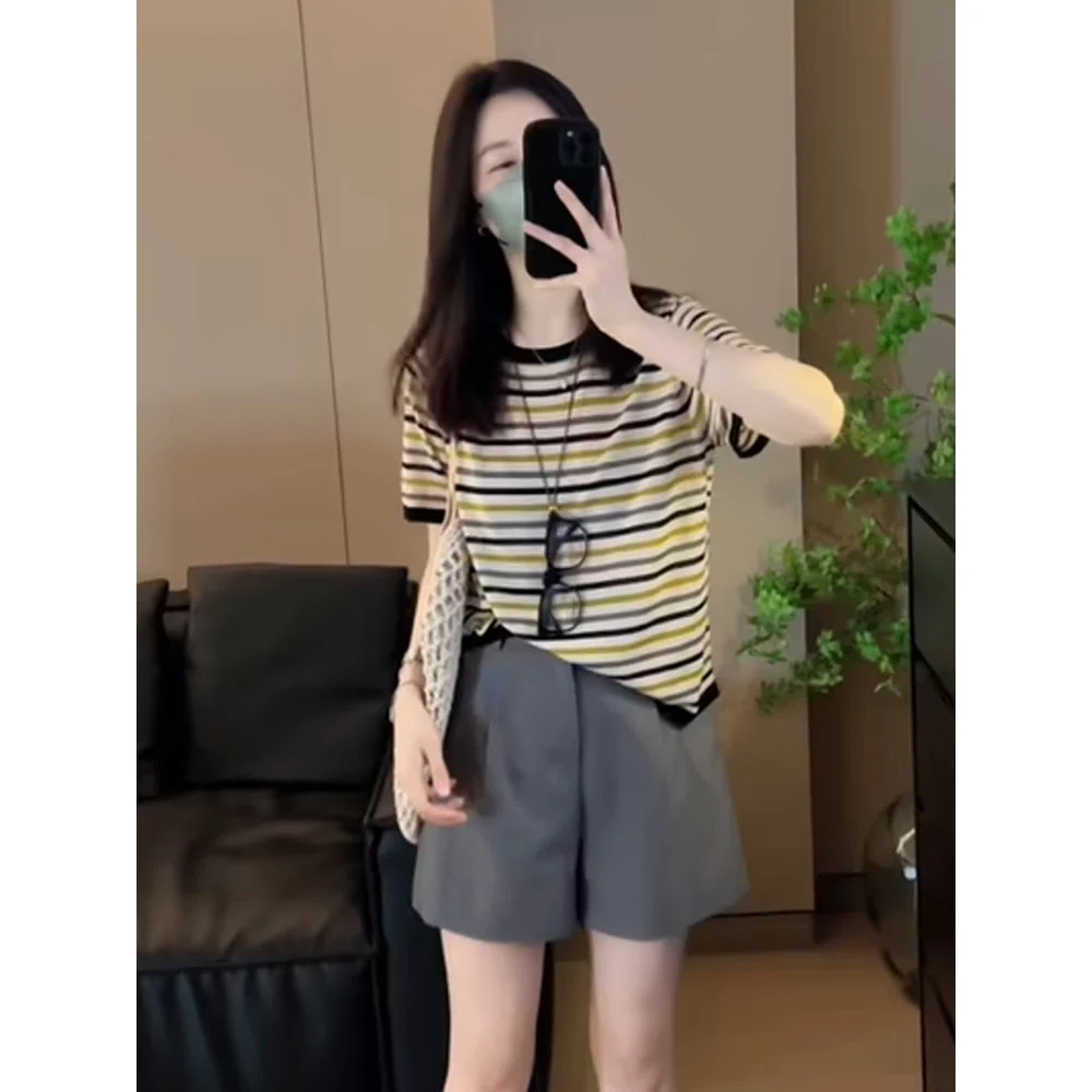 韩系穿搭条纹针织女2024新款夏季慵懒宽松减龄百搭冰丝薄毛针织衫