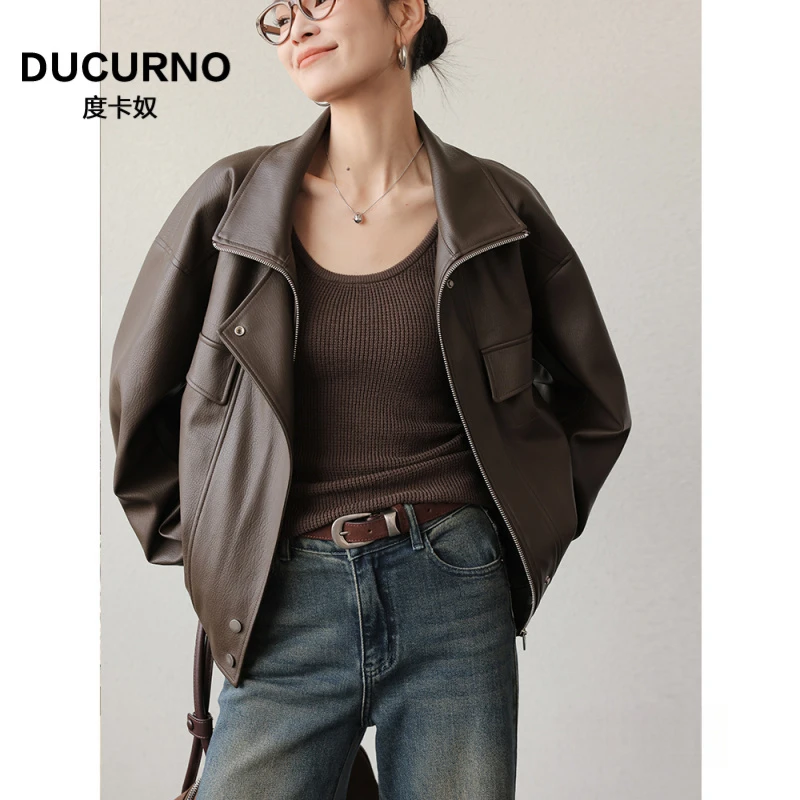 咖色复古宽松休闲皮衣外套女2025年春秋新款韩版气质百搭夹克上衣