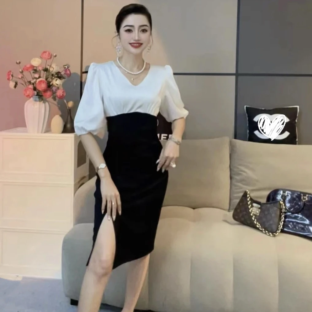 【丹丹严选】夏季新款法式黑白撞色拼接收腰显瘦开叉连衣裙#0423-3