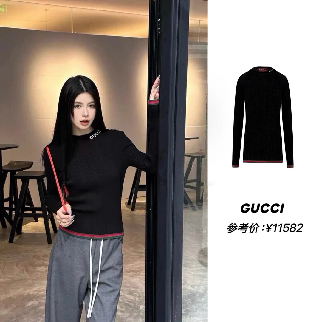 未使用 GUCCI/古驰 玄色 25ss 黑色领口logo打底针织长袖 L码