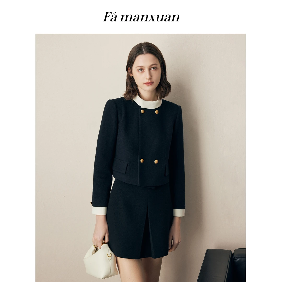 【粉丝专属】法曼萱黑色毛呢外套女短款2025上衣WT0715