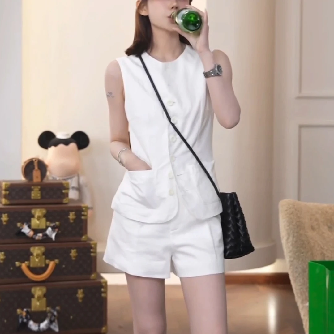 老钱风修身法式小香风无袖马甲套装女夏季薄款气质纯色短裤两件套