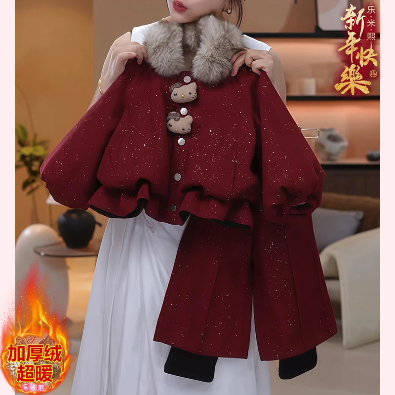 女童冬季加绒年服套装2025新款女宝毛领玩偶呢子外套长裤两件套潮