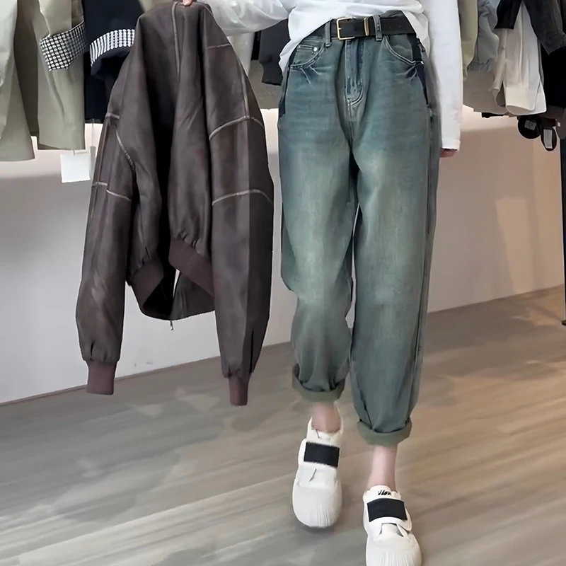 梨形显瘦2025年春新款大码哈伦老爹裤九分牛仔裤子女高腰弹力百搭