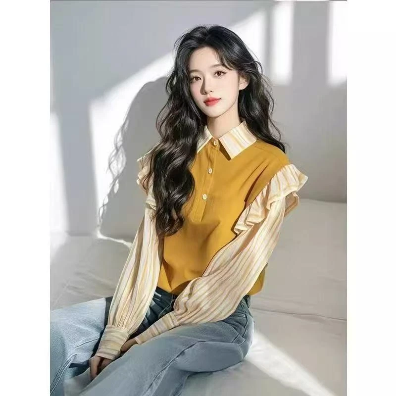 黄色条纹假两件衬衫女2025年早春新款荷叶边小众别致洋气小衫上衣