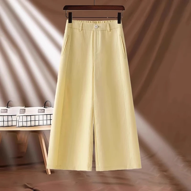 高端天丝亚麻八分阔腿裤女夏2025新款高腰抗皱小个子棉麻直筒裤子