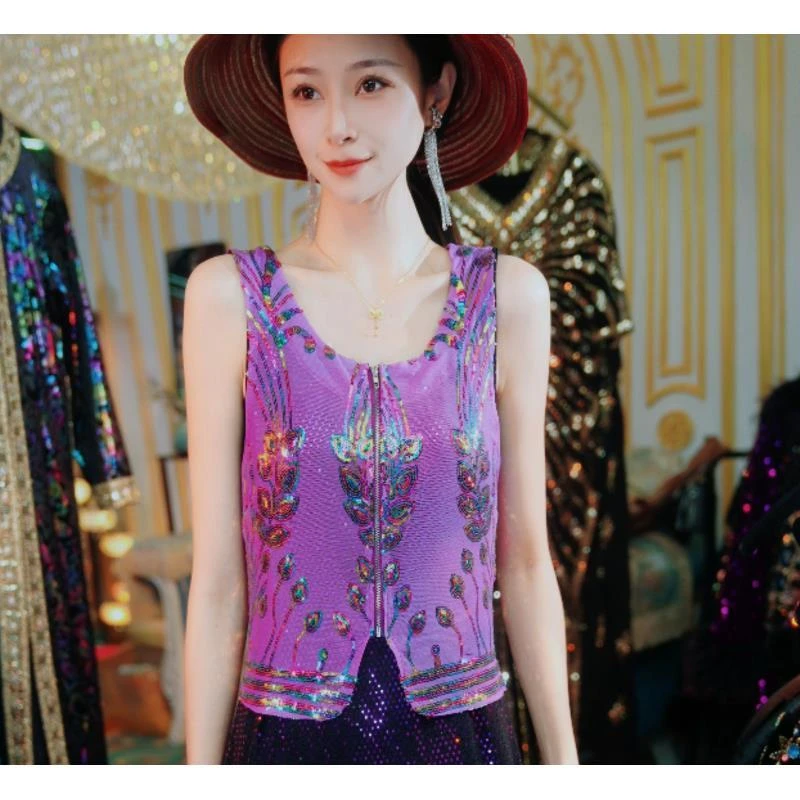744紫色手工重工马甲晚礼服吊带开衫时尚有内衬拉链重工背心女士