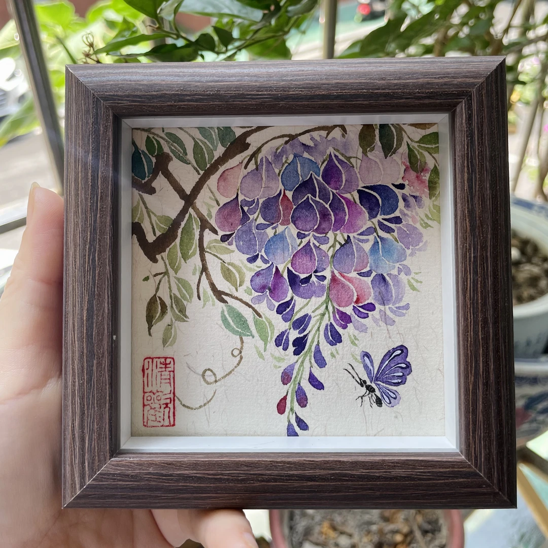 紫藤蝴蝶摆件国风家居摆台含框12X12新中式餐厅挂画国画摆台带框