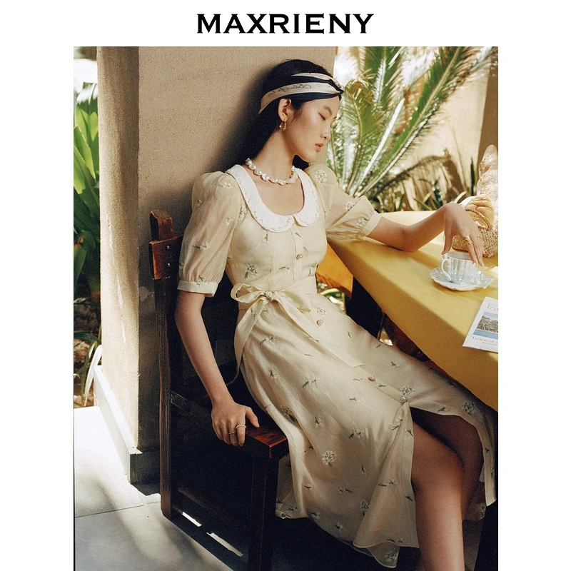 【商场同款】MAXRIENY风铃花娃娃茶歇裙2022夏复古短袖蕾丝连衣裙