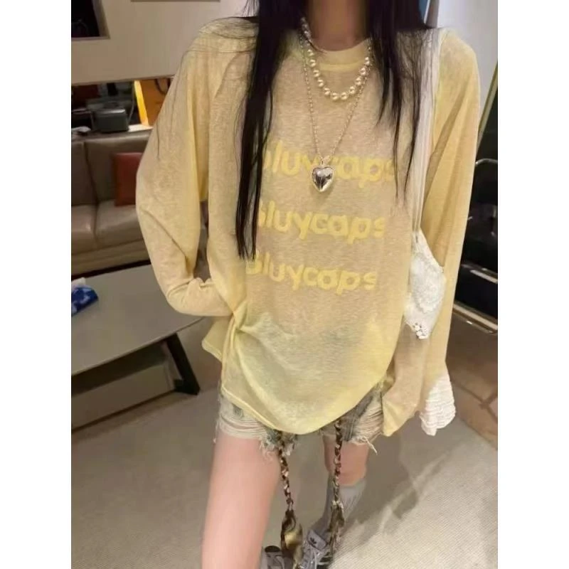 小雅姐姐   夏季薄款发泡字母印花慵懒防晒长袖T恤衫IW39