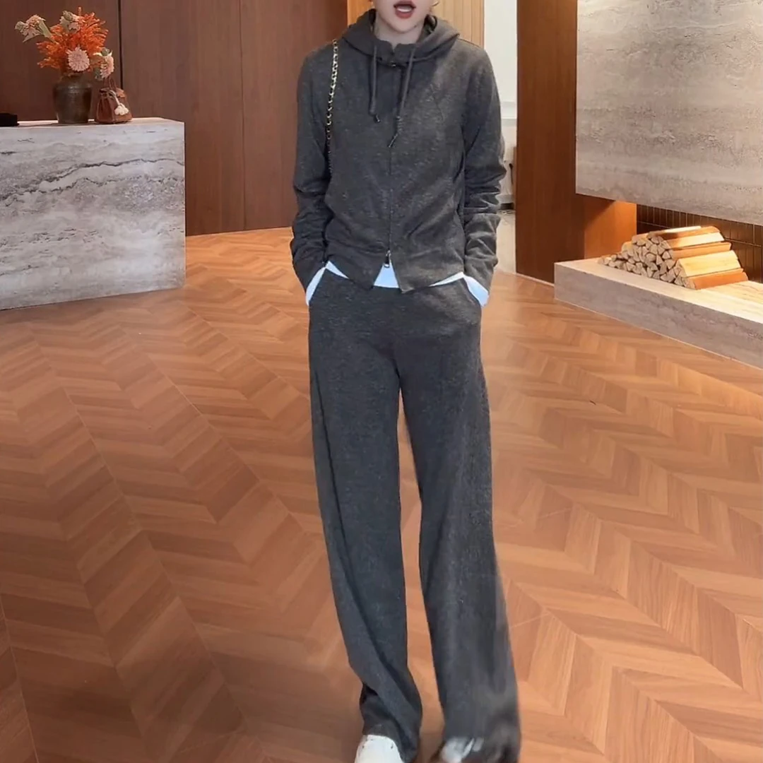 2025秋季宽松显瘦休闲运动套装拉链长袖连帽卫衣开衫直筒裤两件套