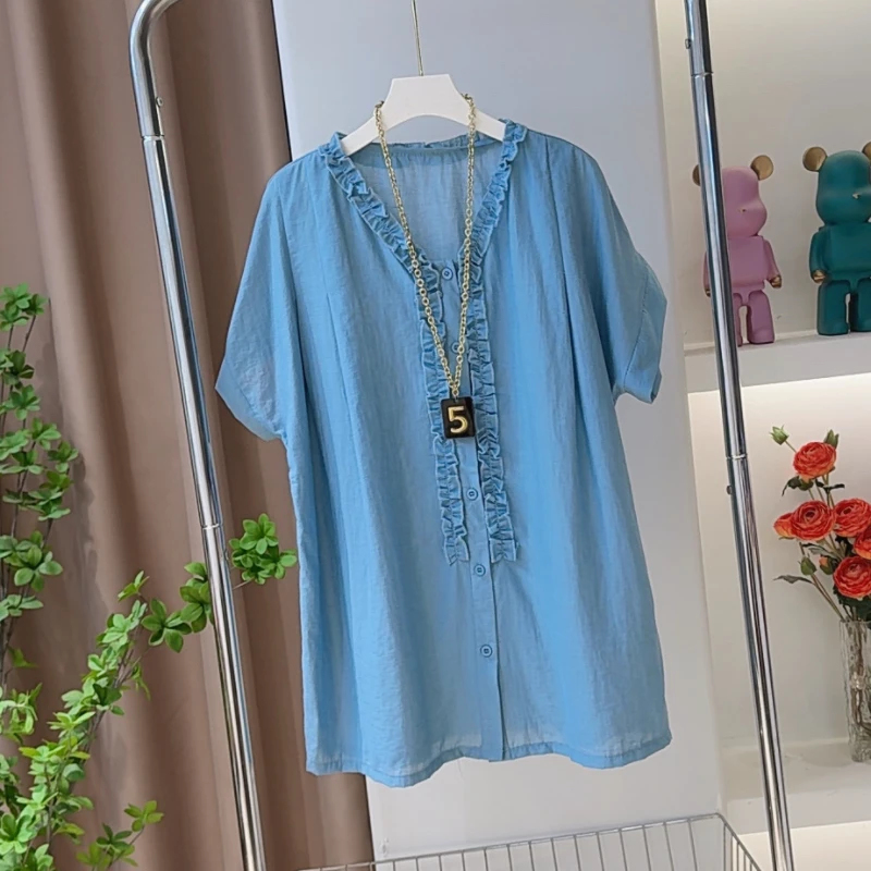 2031木耳边V领宽松大版休闲小衫夏季新款减龄气质短袖百搭上衣女