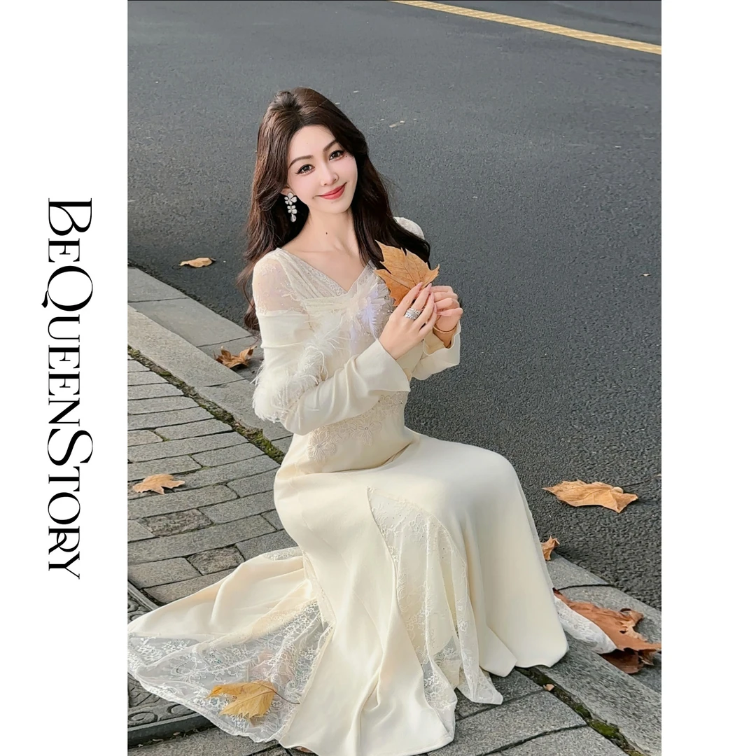 余潇潇【白茶仙姿】脱卸鸵鸟毛毛烫钻蕾丝显瘦网纱拼接针织连衣裙