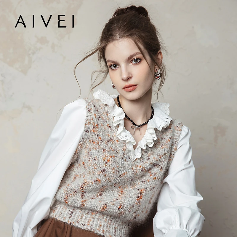 【胡连馨同款】AIVEI艾薇冬复古文艺假两件波点针织衫R763901A