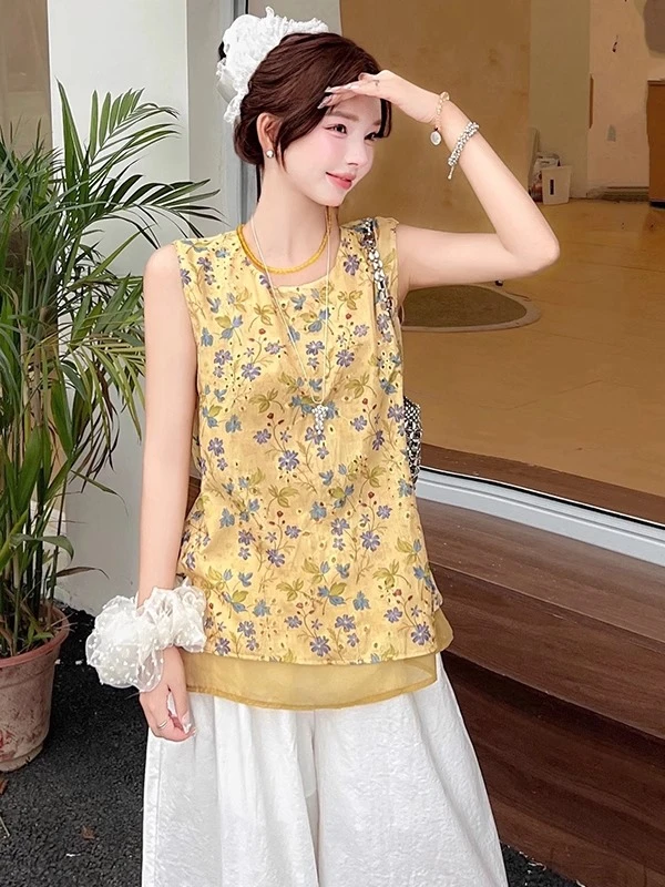 2025夏季新款时尚复古无袖衬衣小衫女士洋气质百搭薄款假两件衬衫