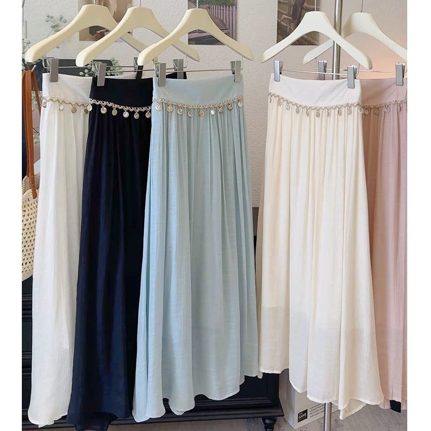 波西米亚风棉麻半身裙女贝壳流苏腰装饰女夏季防晒长裙休闲文艺