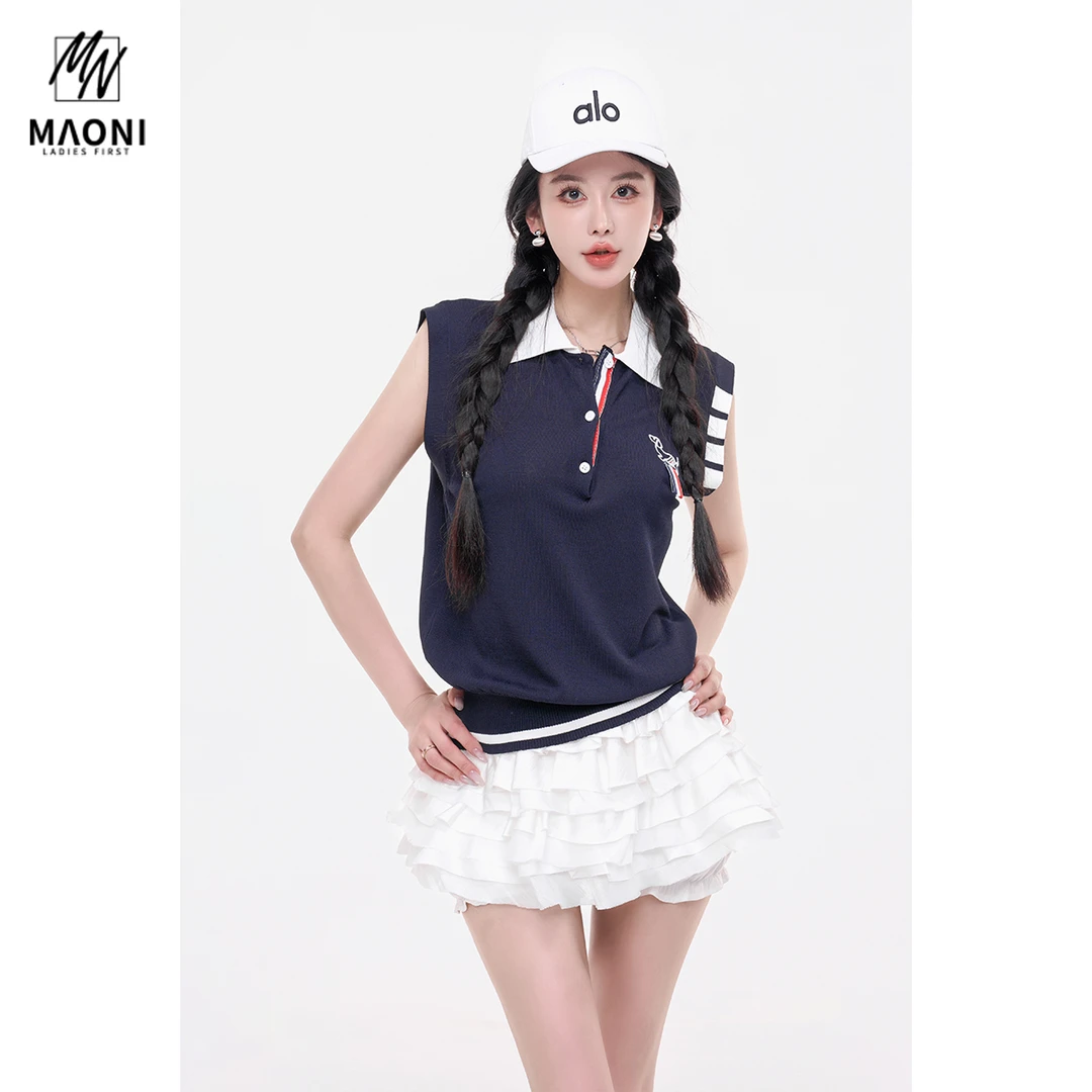 LADIESFIRST【松弛肯豆】条纹小狗刺绣POLO领针织背心女L1844