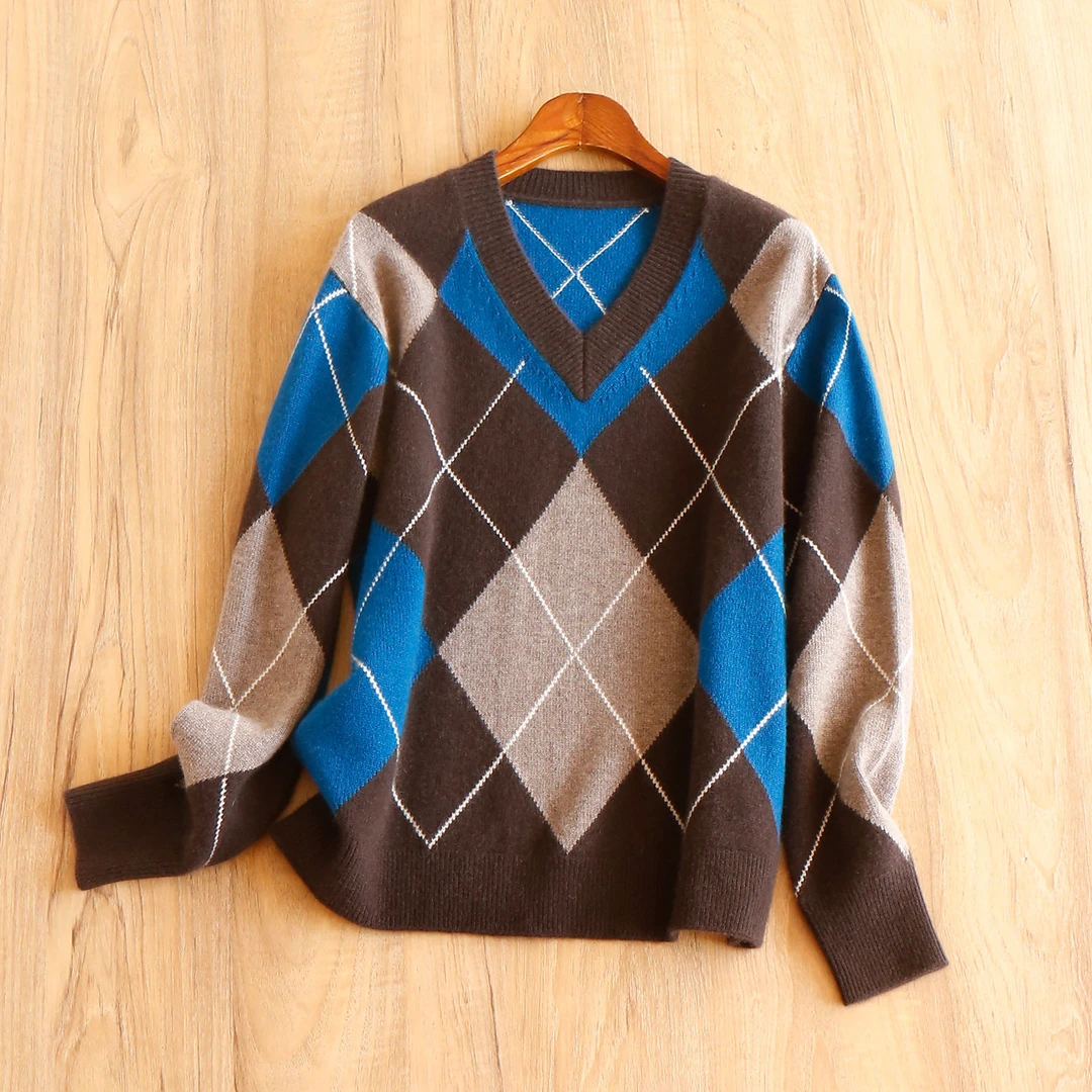 春天家 复古文艺 法柜100山羊绒撞色菱格提花V领毛衣女83F2