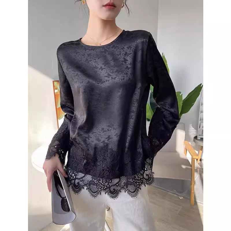 新中式黑色打底衫女春秋2025新款国风重工蕾丝长袖T恤提花上衣潮