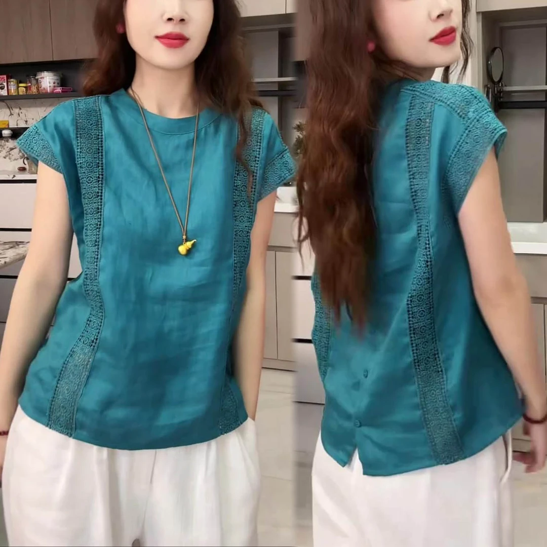 宽松显瘦蕾丝拼接休闲上衣2025年夏季新款时尚复古圆领短袖衬衫女