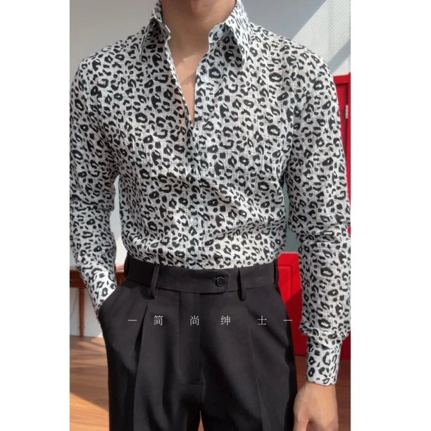 男士豹纹长袖衬衫薄款修身免烫痞帅时尚印花衬衫999