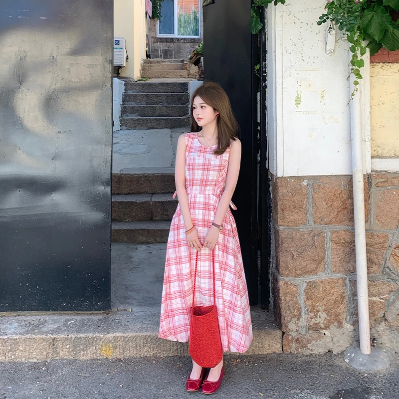 FUGUI RICH小个子无袖连衣裙格子拼接设计感甜美洋气法式中长裙子