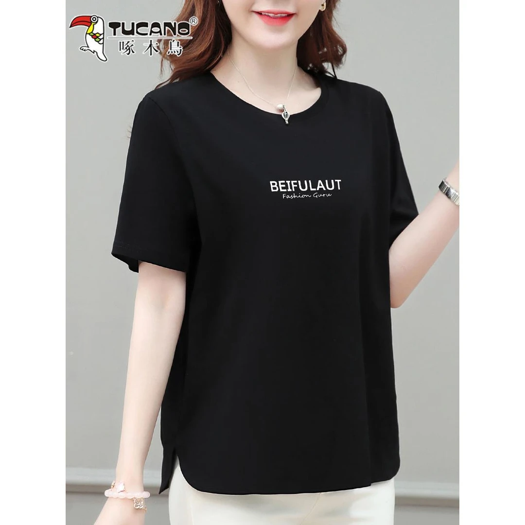 啄木鸟纯棉短袖t恤女2025夏季新款中年妈妈大码宽松薄款遮肉上衣T