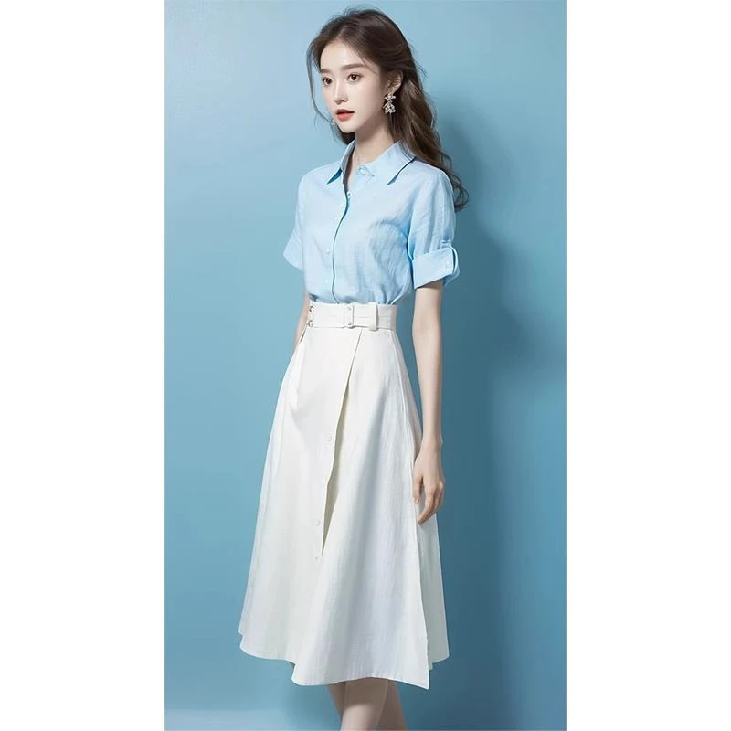 法芬图洋气减龄漂亮时尚炸街小个子搭配白色棉麻衬衫套装裙女夏季