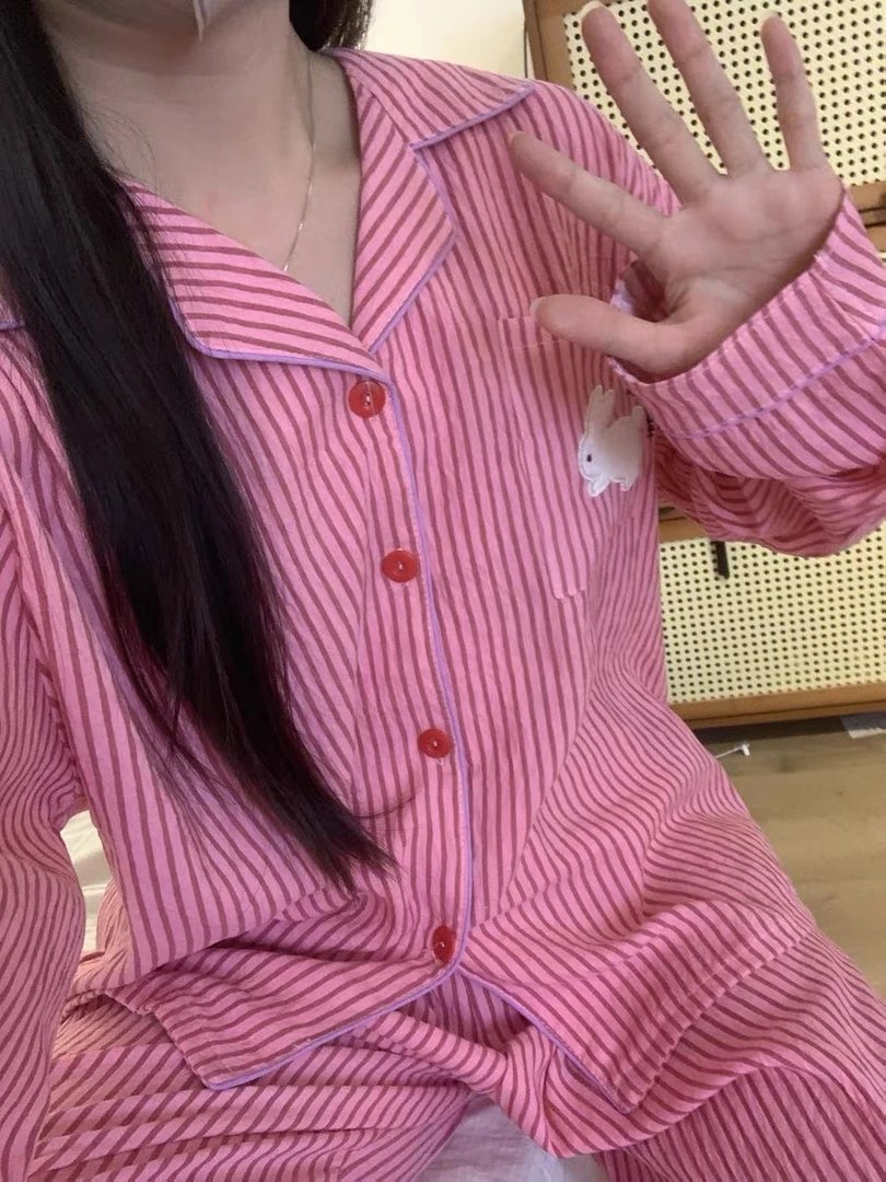 韩系条纹兔睡衣女秋季2025新款甜美可爱长袖长裤薄款家居服两件套