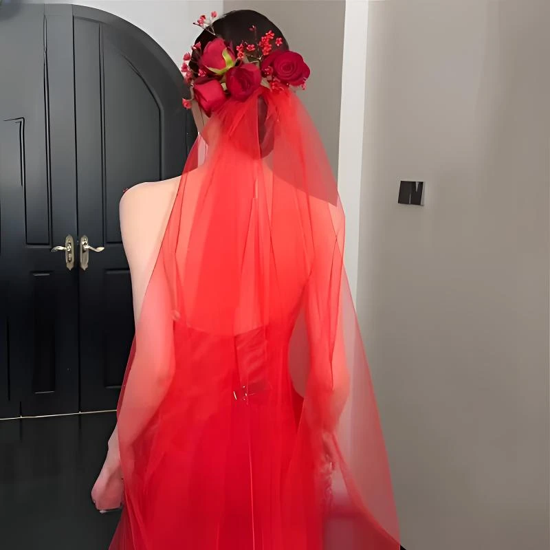 红色婚纱头纱单层素纱新娘头饰森系网红拍照道具复古结婚婚礼简约