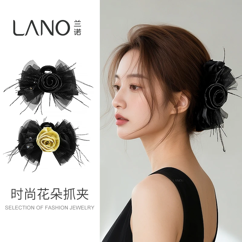 兰诺香云纱花朵蝴蝶结发夹羽毛氛围感发饰优雅气质后脑勺真丝抓夹
