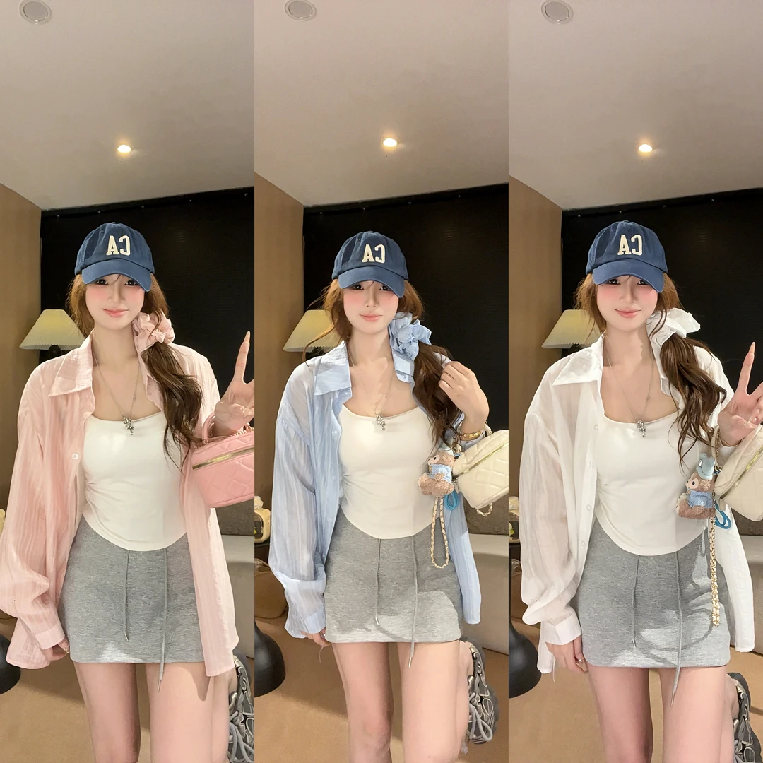 前500随机赠送头夏日韩版别致暗条纹衬衫女小个子宽松防晒外套长