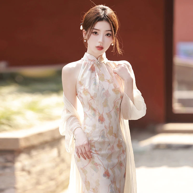 无袖挂脖国风新款改良旗袍2025年轻款收腰性感长款气质小礼服显瘦