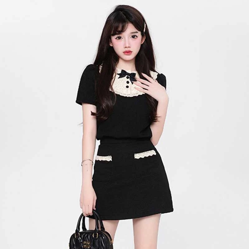 【两件套】学院风蕾丝短袖上衣包臀裙小香风套装女富家千金感D0724