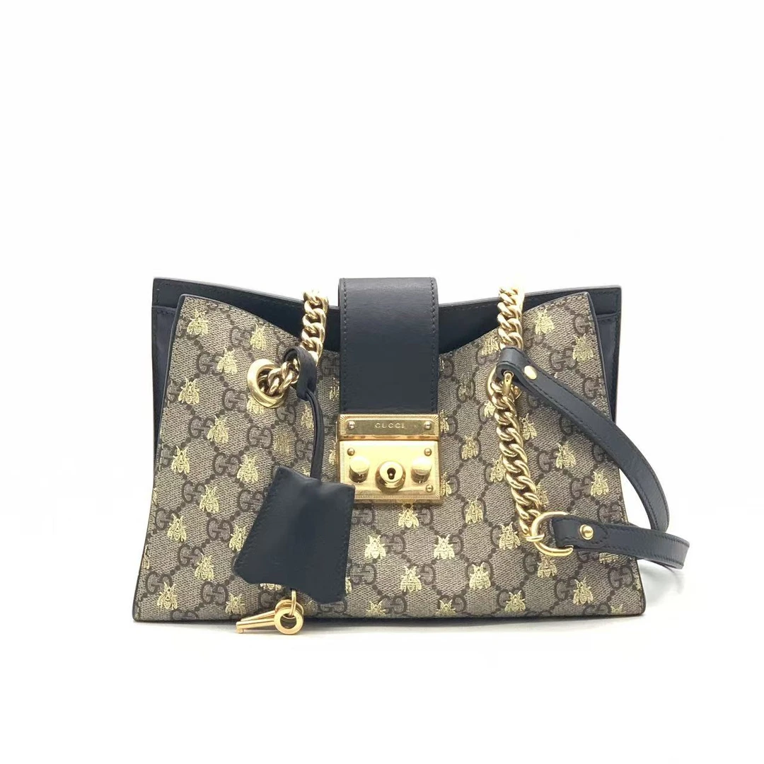 95新 GUCCI/古驰 【安则专属】黑色烫金小号padlock托特包