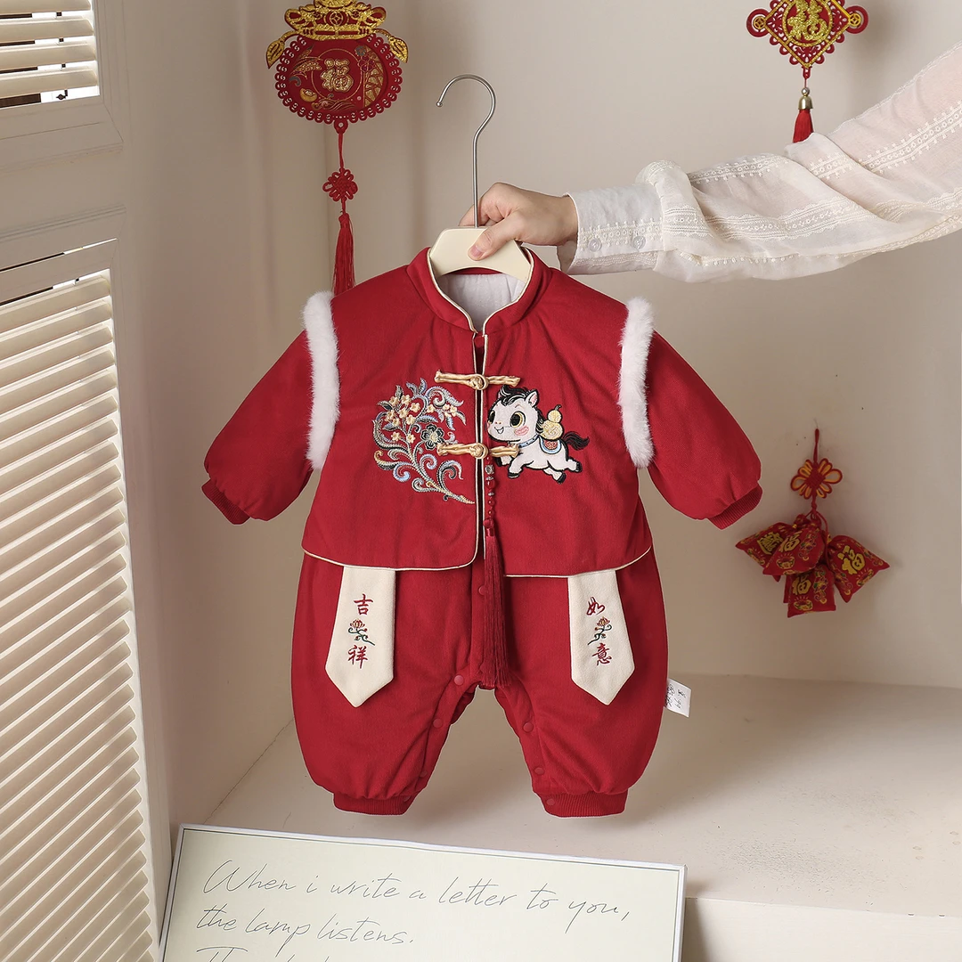 婴儿年服秋冬新中式加绒连体衣宝宝冬季保暖爬服冬装周岁礼服男宝