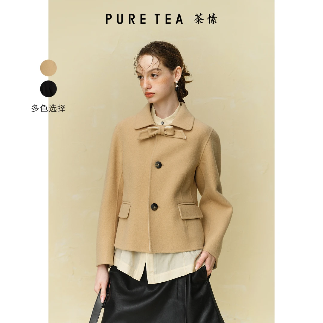 【绒绒暖阳】茶愫蝴蝶结翻领大衣女绵羊毛开叉外套冬新款TC0101C41