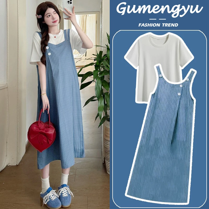 孕妇装夏装连衣裙2025新款韩版甜美减龄条纹背带裙夏季中长款上衣