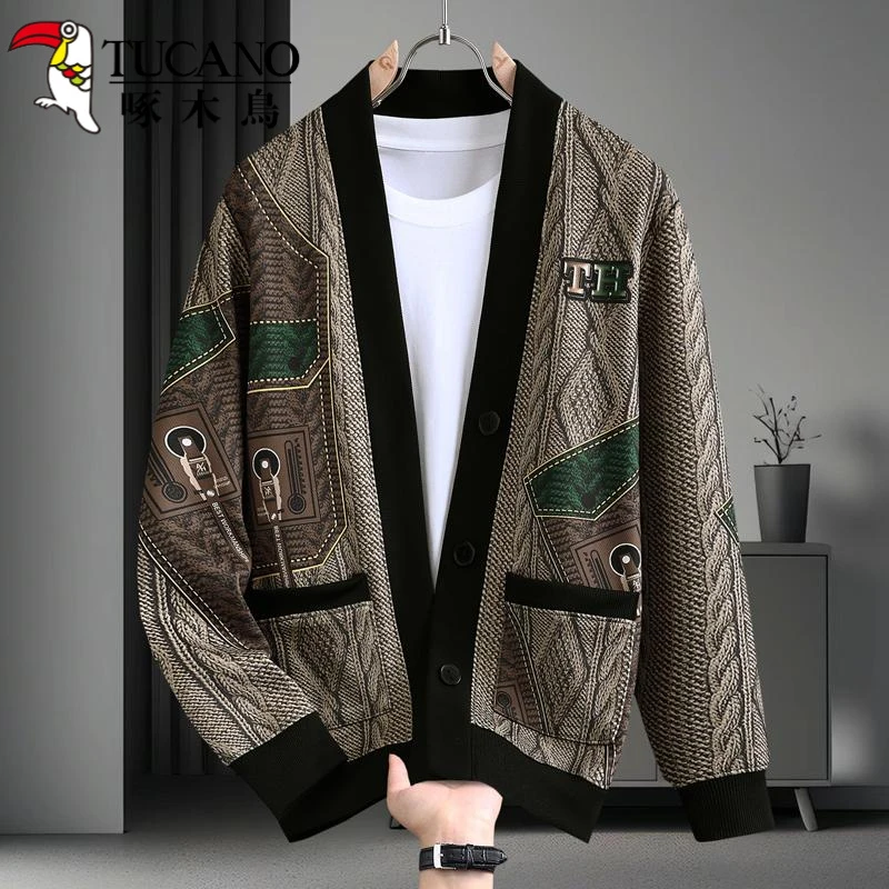 啄木鸟高品质针织开衫男士复古机械印花潮流百搭慵懒风开衫外套男