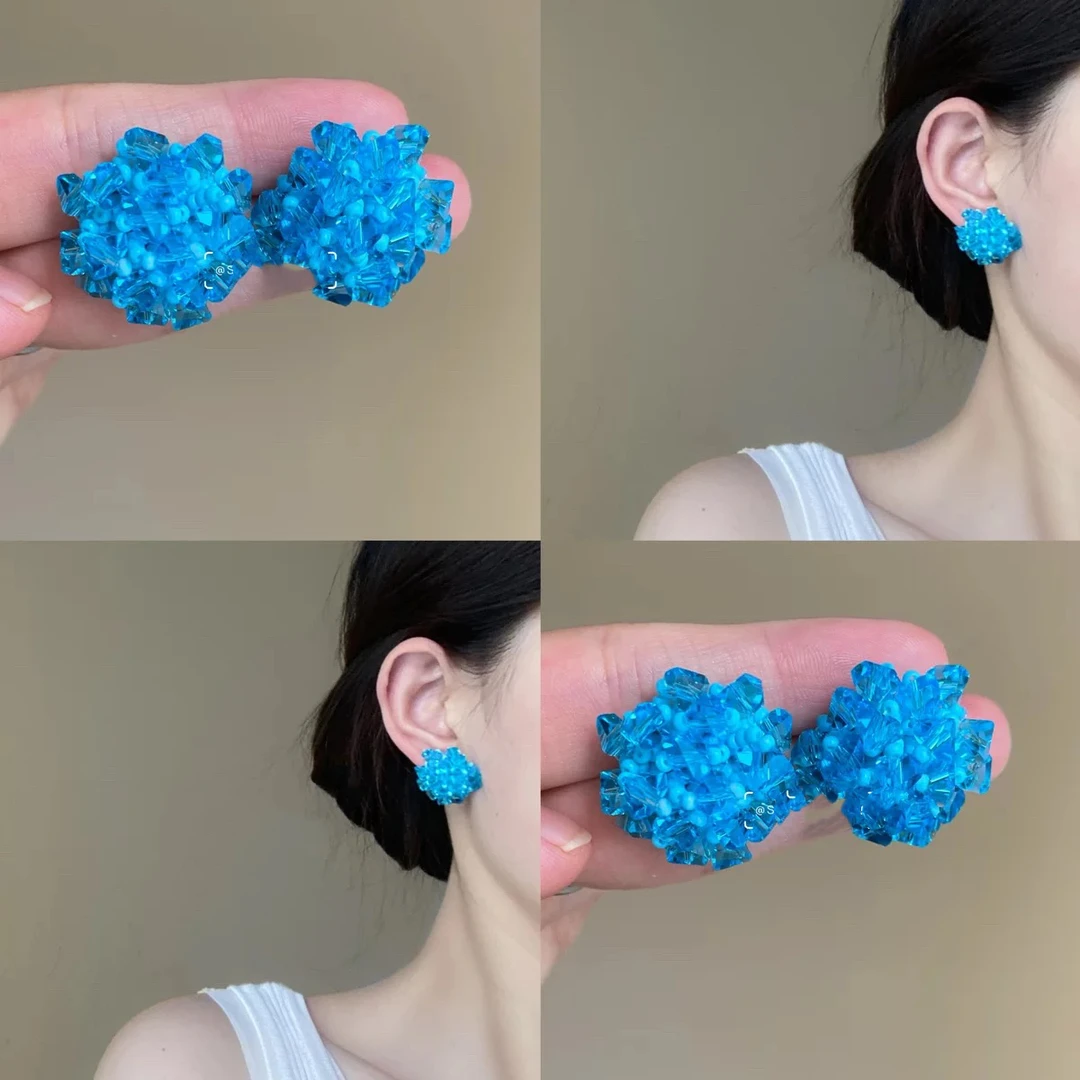 铜合金耳饰 【8713】冰清蓝编织串珠耳钉小众度假耳环耳饰品百搭