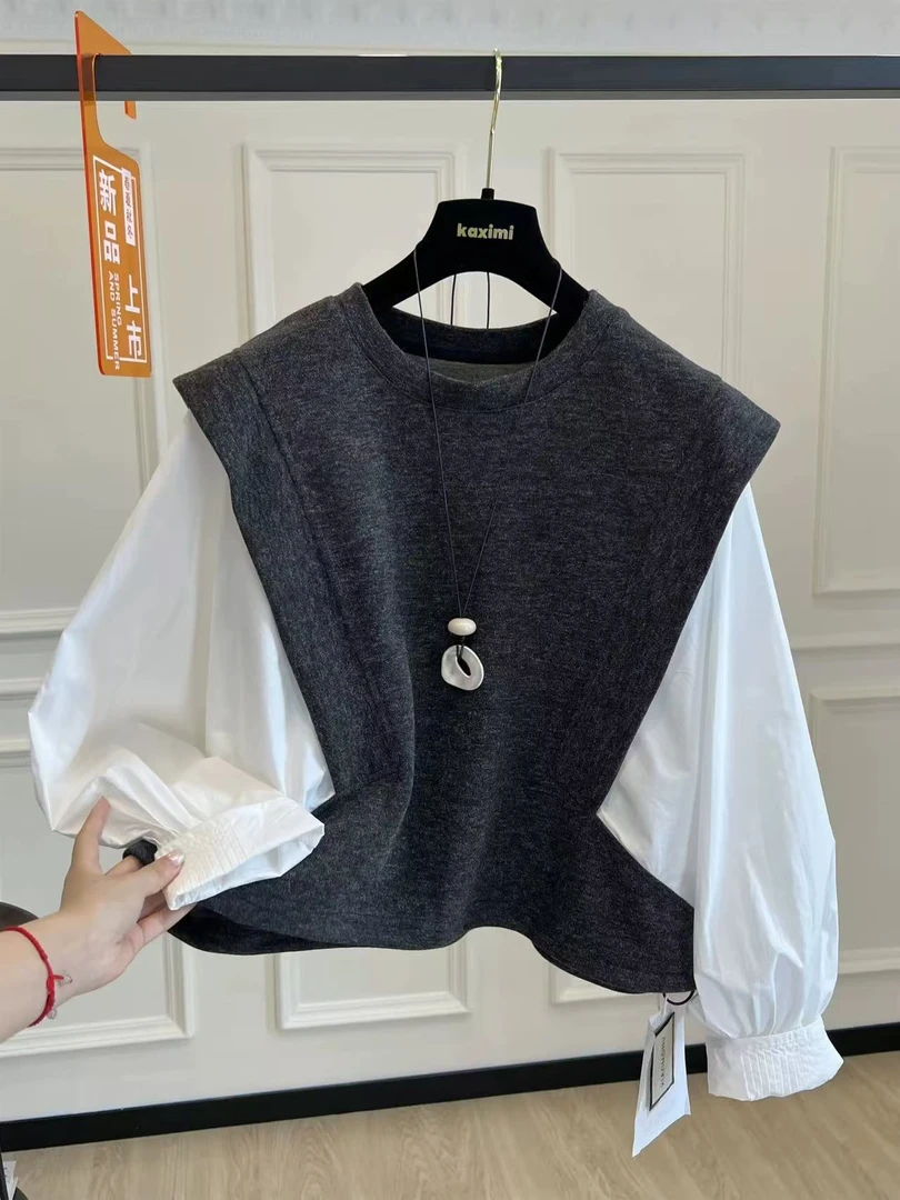 高端欧货秋季新款时尚圆领假两件骑士肩拼接长袖衬衫下摆抽绳上衣